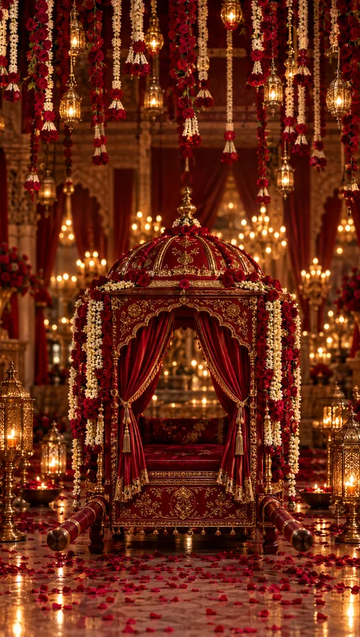 A ruby and gold doli hung with roses and jasmine, among glowing lanterns