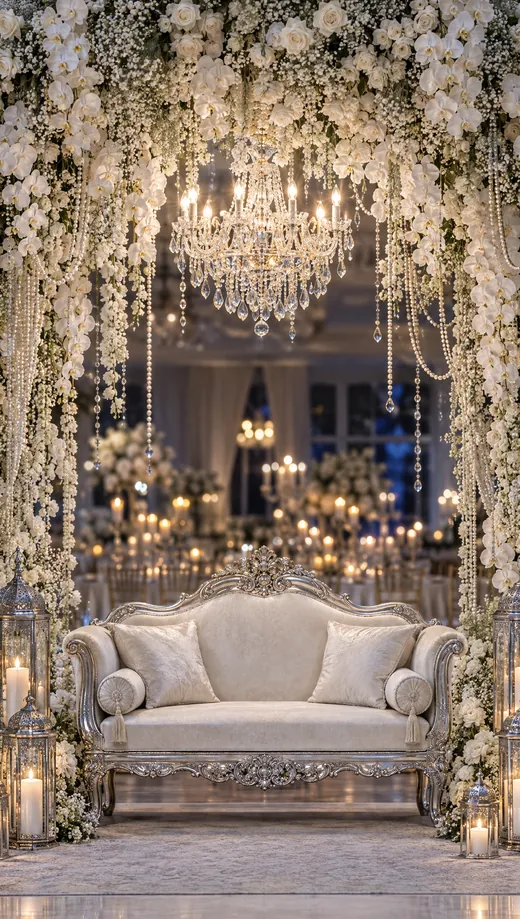 A silver settee under cascades of white flowers and pearls, lit by candles and a chandelier